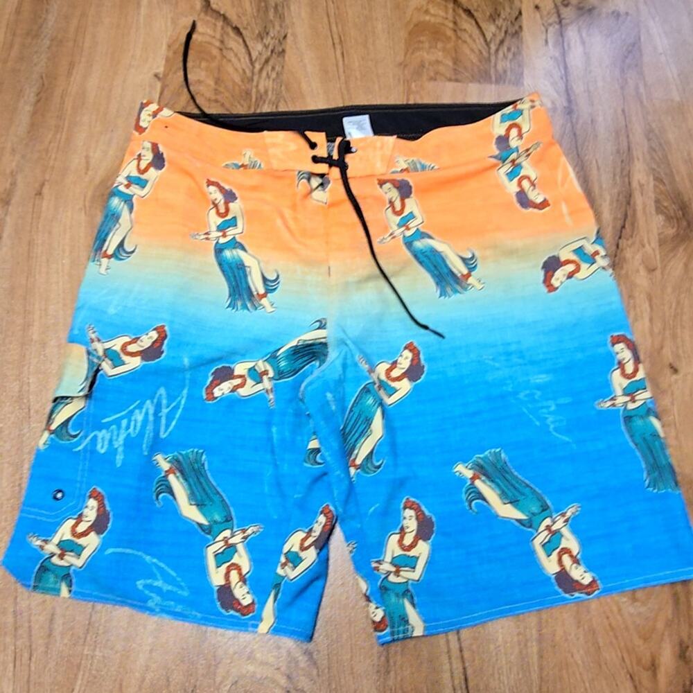 Hang Ten Hula Girl Graphic Board Shorts Orange Blue Mens 38 Swim Trunks